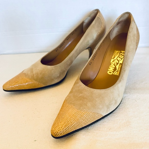 Salvatore Ferragamo Suede/Snake Embossed Leathr Pointed Cap Toe Heels/Shoes 9.5B - Picture 3 of 16